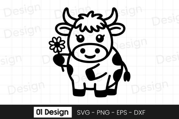 Cute Baby Cow with Flower Cartoon SVG Graphics & Crafts