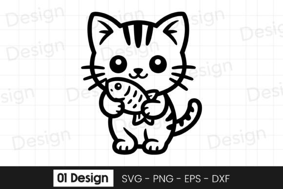 Cute Kitten Holding Cookie Outline SVG for Graphics & Crafts